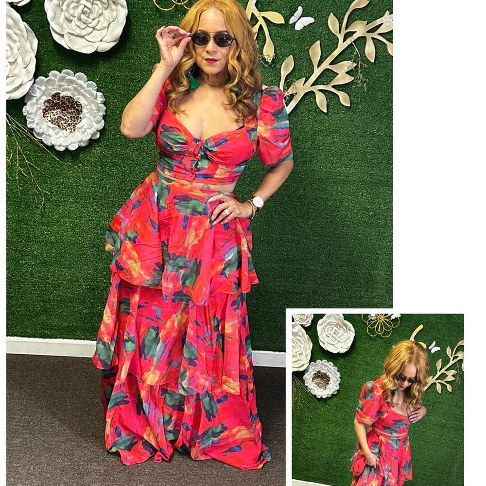 Floral Tiered Maxi Skirt Set - Pink Multi